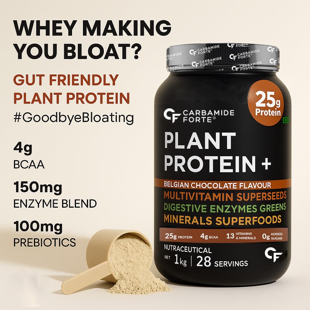 Carbamide Forte plant protein supplement with scoop and text about benefits on a beige background