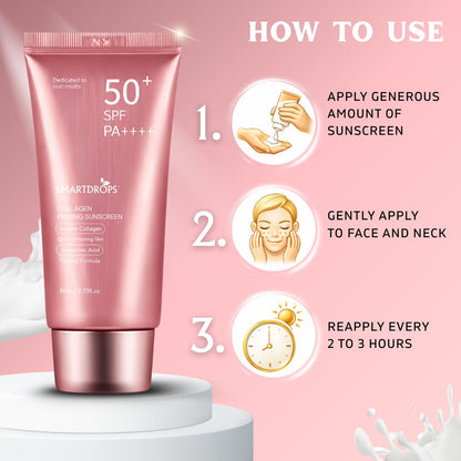 Smartdrops Collagen Sunscreen SPF 50+ PA++++ with Hyaluronic, Lightweight Daily Sun Protection Cream for Men & Women, All Skin Types (Pack 1)
