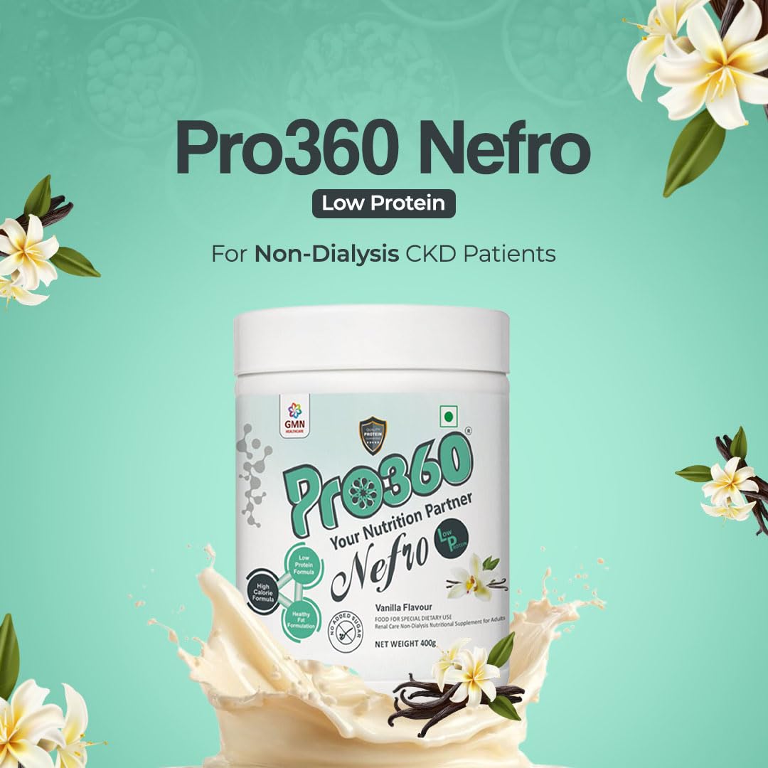 Pro360 Nefro LP Powder Vanilla Flavour – 400g Low Protein Nutrition Supplement for Kidney Health (Non-Dialysis) – Vanilla Protein Powder Enriched with L-Taurine, L-Carnitine & Essential Nutrients