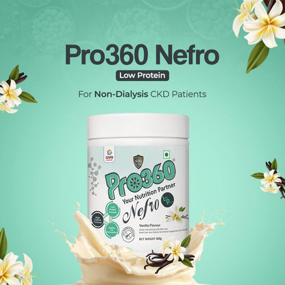 Pro360 Nefro LP Powder Vanilla Flavour – 400g Low Protein Nutrition Supplement for Kidney Health (Non-Dialysis) – Vanilla Protein Powder Enriched with L-Taurine, L-Carnitine & Essential Nutrients