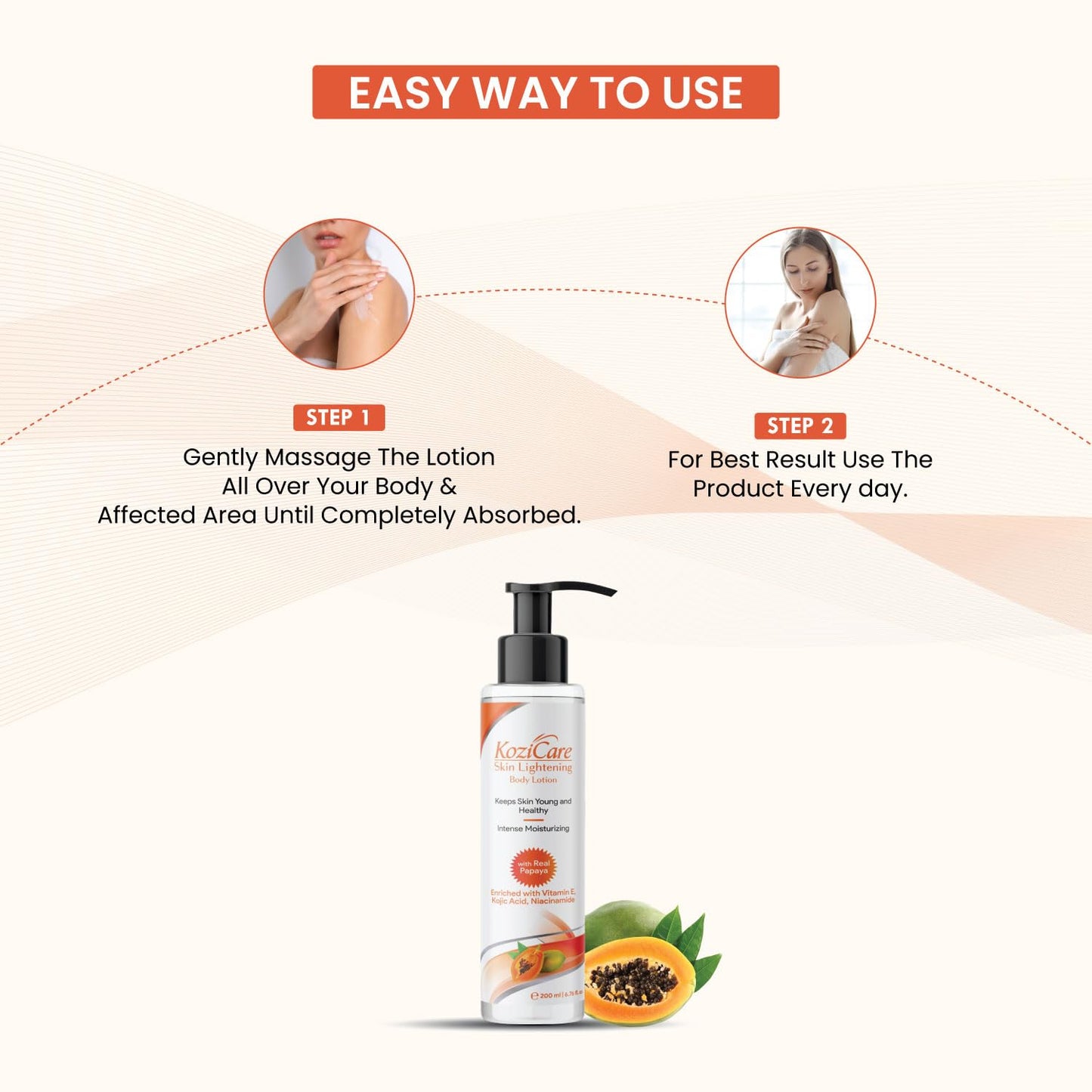 Lotion bottle with usage instructions and product details on a white background