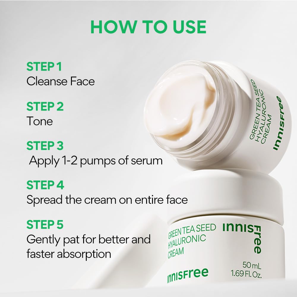 Innisfree Green Tea Seed Moisturiser with Hyaluronic Acid 50Ml| Hydrating & Soothing Face Cream | Non oily & Sticky | Korean Skincare for Dry & Dehydrated Skin For Dry Skin, Normal & Sensitive Skin