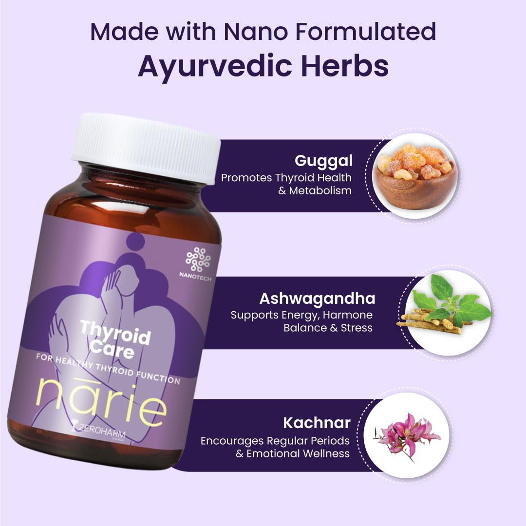 ZEROHARM Narie Thyroid Supplement | With Ashwagandha, Guggul & Kachnar for Women | Supports Energy, Metabolism, Mood, Thyroid Health (TSH, T3, T4 Levels) & Weight Management | 60 Nano Tablets