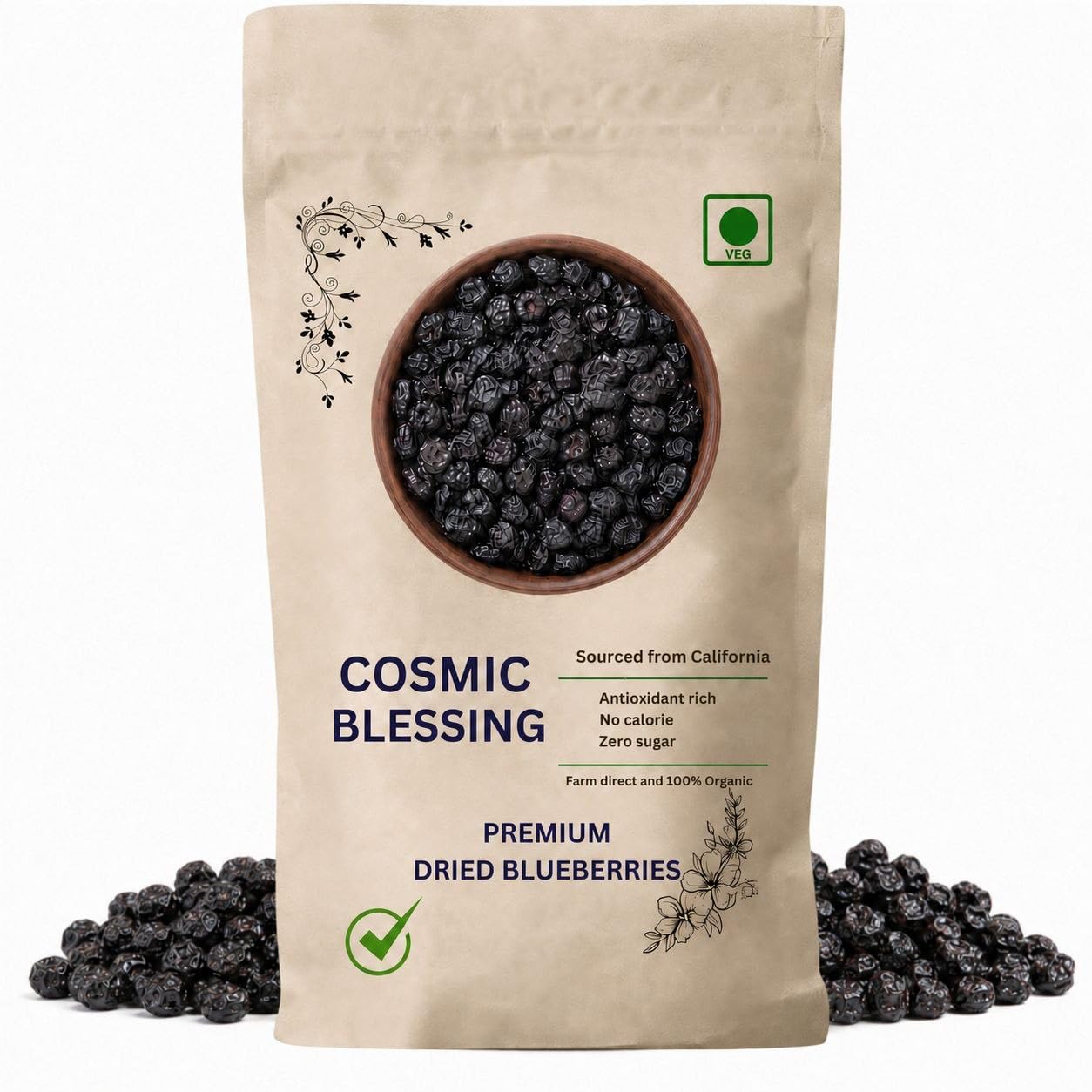 Cosmic Blessing Natural Premium California Blueberries Without added Sugar | Dried Seedless Blueberries | Healthy & Tasty Whole & Dried Blueberry | Rich In Calcium And Vitamin K | Non-GMO
