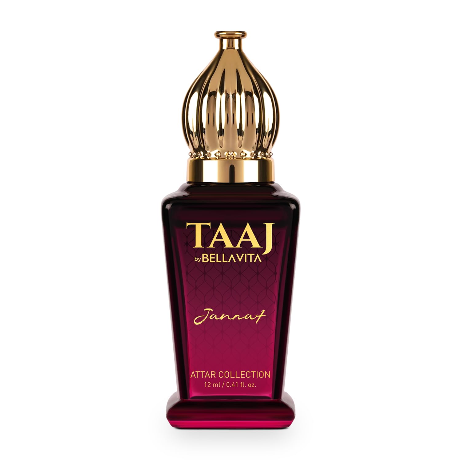 TAAJ by Bellavita perfume bottle with gold cap on a white background