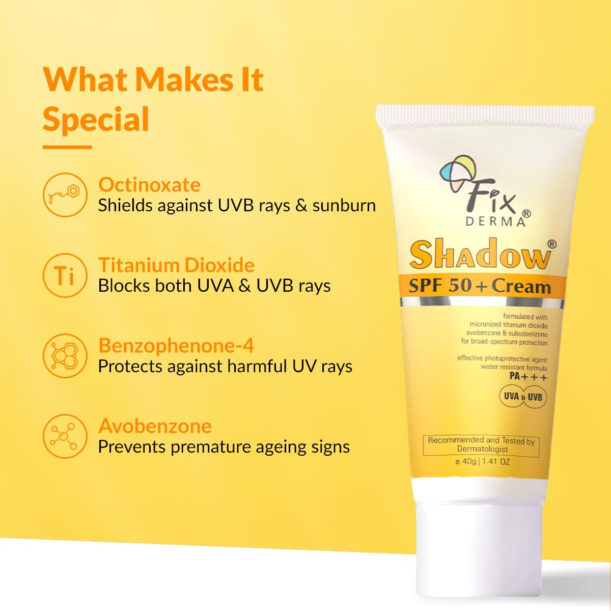 Fixderma Shadow Sunscreen SPF 50+ PA+++ Cream | Sunscreen for Dry Skin | No White Cast | UVA & UVB Protection | For Women & Men | Non Greasy & Water Resistant - 40 gm