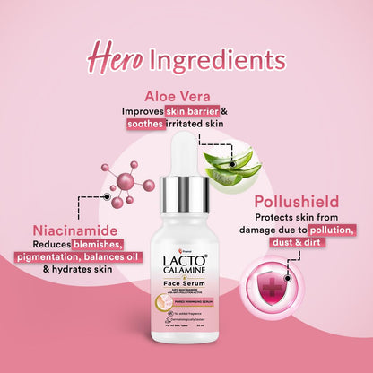 Lacto Calamine 10% Niacinamide Face Serum | 30ml | Pore Minimizing, Acne Marks, Blemishes & Oil Balancing | Face Serum for Women & Men | Reduces Pigmentation | Dermatologically Tested & Fragrance Free