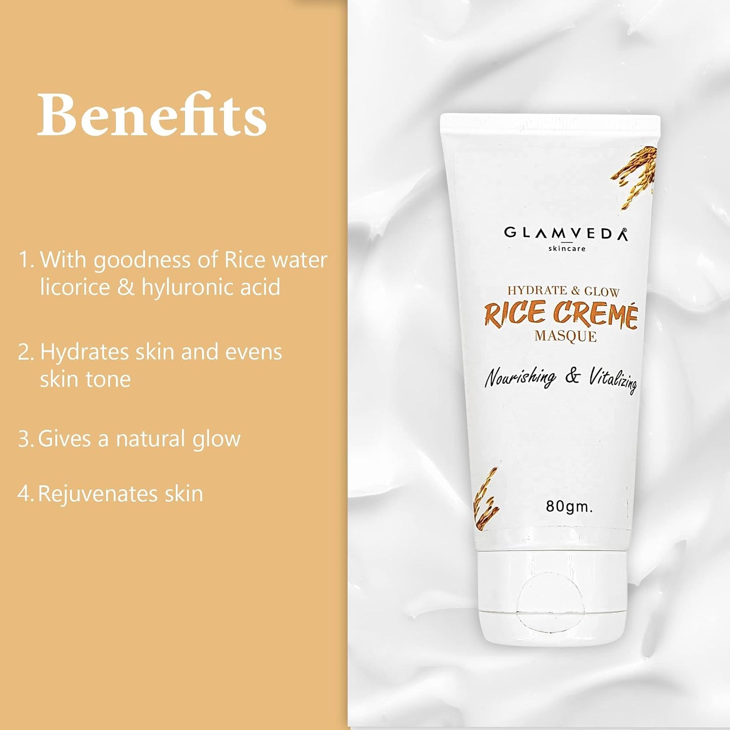 Glamveda Rice Water Cream Mask for Hydration & Glow | Face Pack for Dull, Dry & Sensitive Skin | Face Masque | Suitable for Men & Women | Paraben & SLS Free | 80 g
