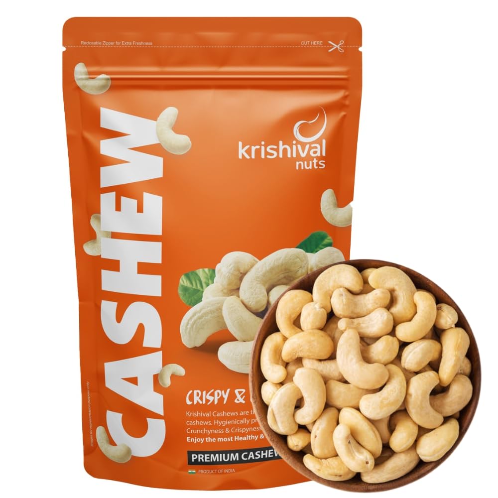 Krishival Nuts Premium Cashews W320 | 100% Natural Whole Cashews | Crunchy, Nutritious & Delicious, Gluten Free & High Protein