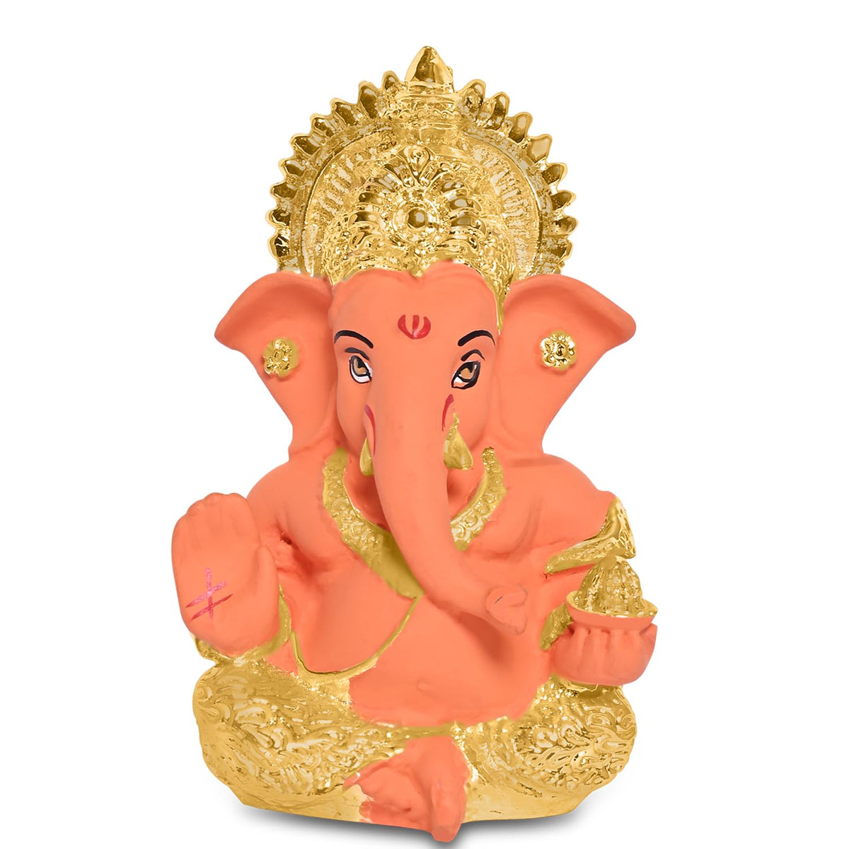 24K Gold Plated Resin Lord Ganesha Idol for Car Dashboard, Tabletop|Ganesh Statue for Good Luck and Success|Ganpati Murti for Home Decor Mandir, Office Desk Puja Gift Orange & Gold(8.4x4.2cm)