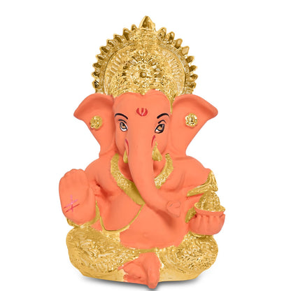 24K Gold Plated Resin Lord Ganesha Idol for Car Dashboard, Tabletop|Ganesh Statue for Good Luck and Success|Ganpati Murti for Home Decor Mandir, Office Desk Puja Gift Orange & Gold(8.4x4.2cm)