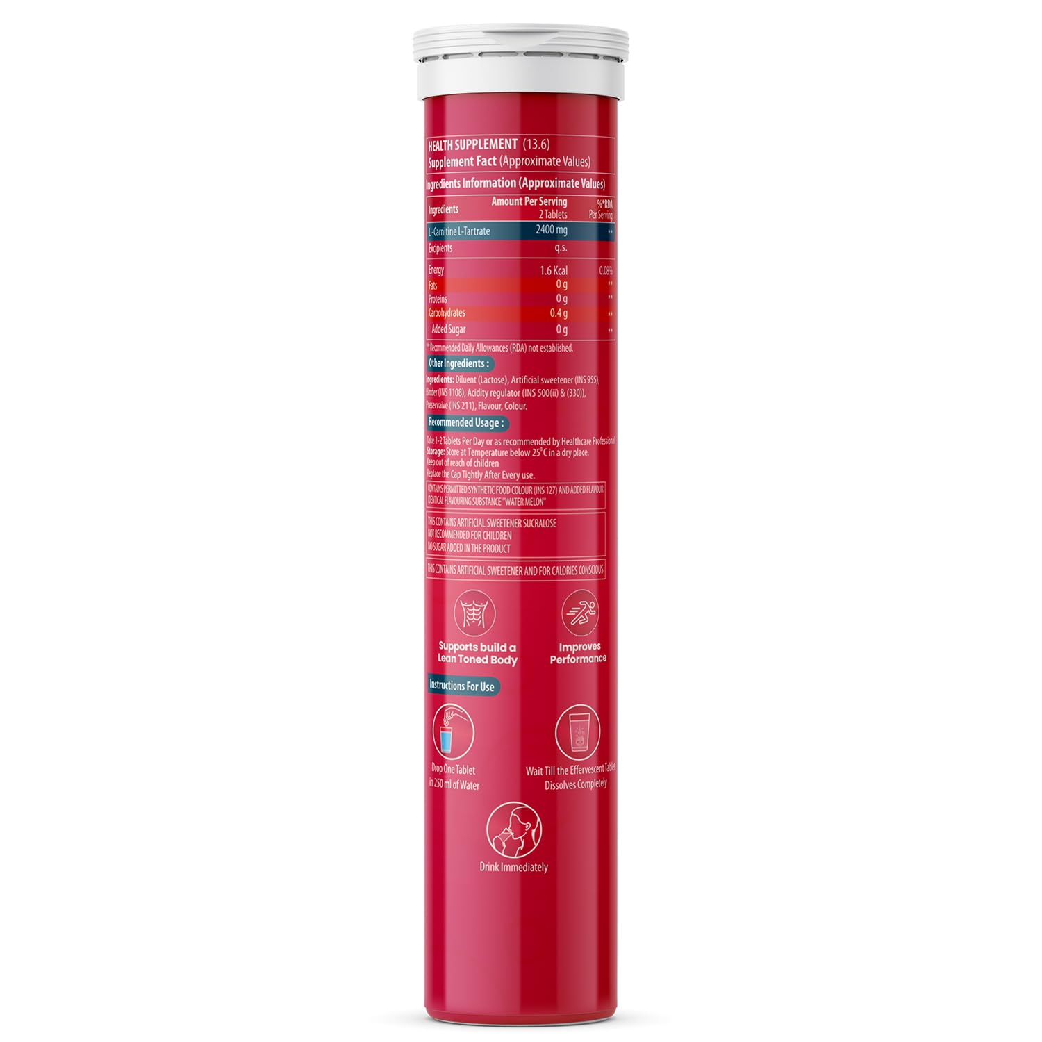 Red supplement tube with white cap on a white background