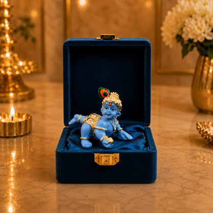 Gold Art India 24K Gold Plated Blue Terracotta Laddu Gopal Idol (2.5 Inch) with Premium Velvet Gift Box | Makhan Chor Bal Krishna Murti for Home Temple, Car Dashboard, Office Desk & Spiritual Gift
