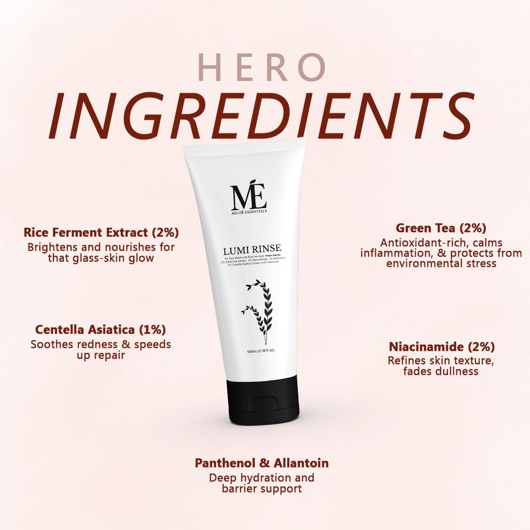 Miloé Lumi Rinse Face Wash 100ml | Korean Brightening Cleanser | Daily Care with Rice Ferment, Green Tea & Niacinamide | Sulfate-Free for Glowing, Even-Toned Skin | Non-Comedogenic | All Skin Type