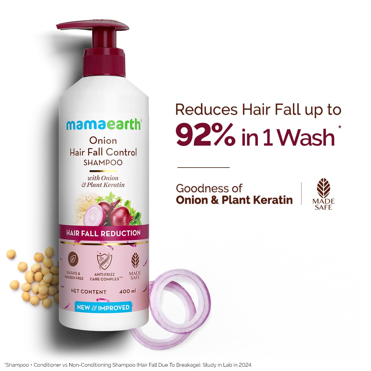 Mamaearth Onion Shampoo for Hair Growth and Hair Fall Control with Onion and Plant Keratin | Reduces Hair Fall | Strengthens & Smoothens Hair | For Men & Women | 400ml