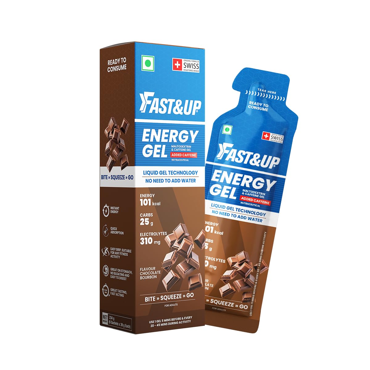 Fast&Up Energy Gel packaging with blue and brown design on a white background