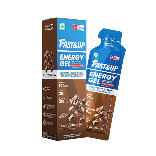 Fast&Up Energy Gel packaging with blue and brown design on a white background