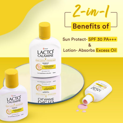Lacto Calamine Sunscreen Lotion with SPF 30 | 120ml |UVA + UVB PA+++ | Kaolin Clay & Zinc Oxide | Daily Face Moisturizer For Oily Skin | Lightweight & Non-Greasy | Face & Body Lotion