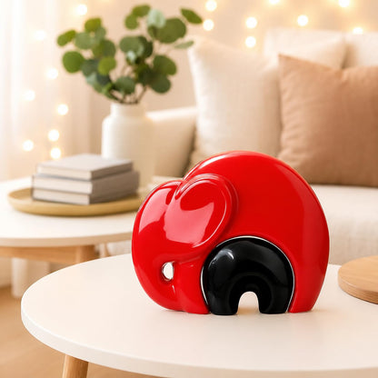 Xtore Home Décor Lucky Charm Elephant Mother & Child | Piano Finish Ceramic Figures - (Set of 2 piece, Red and Black)