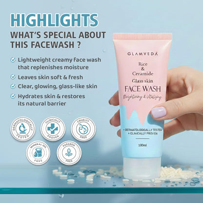 Glamveda Korean Rice Water Face Wash for Men & Women | Rice Extract & Ceramide Face Cleanser for Dry & Sensitive Skin | Hydrating Face Wash for Brightening, Even Skin Tone & Healthy Glowing Skin | 100ml