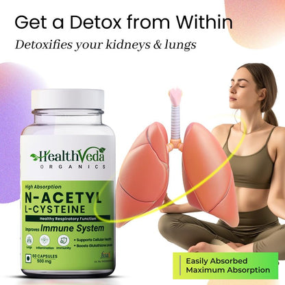 Zephivo HEALTH VEDA ORGANICS PRIVATE LIMITED N - Acetyl L - Cysteine 500Mg | 60 Veg Capsules | Lungs & Respiratory Support | Immune Health | For Both Men & Women¦
