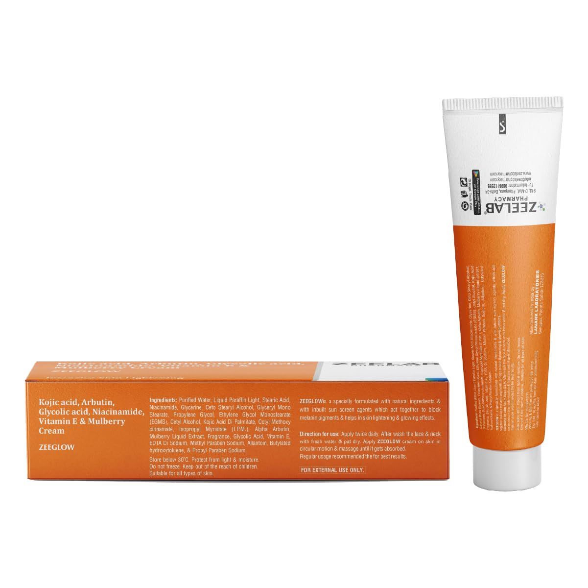 Orange and white tube of ZEELARV cream with packaging on a white background