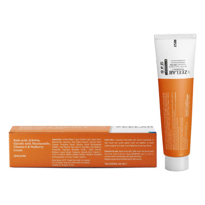 Orange and white tube of ZEELARV cream with packaging on a white background