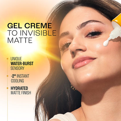 Woman applying cream to her face with product details on a bright background