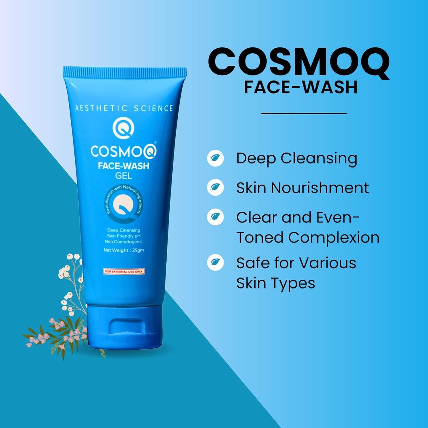 COSMOQ Gel Face Wash | 100ml Gel Cleanser for Men & Women | Deep Cleansing Formula | Gentle & Non-Comedogenic | pH-Balanced for Acne-Prone Skin