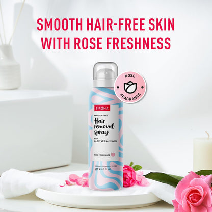 Hair removal spray bottle with pink flowers and text on a white background
