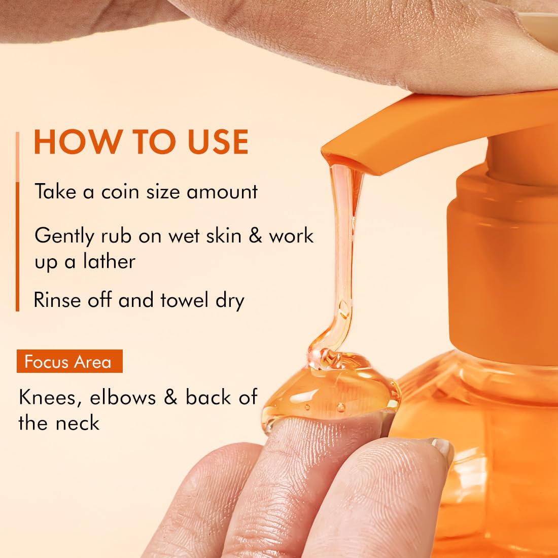Orange bottle of soap with droplet on finger and usage instructions on beige background