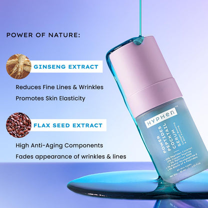 Hyphen serum bottle with ginseng and flax seed extract text on a blue background
