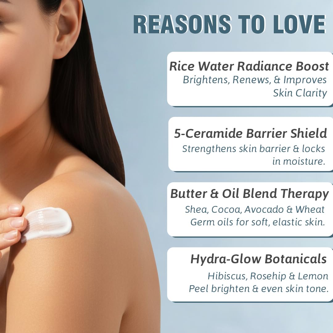 Glamveda Rice & Ceramide Glass Skin Body Lotion Moisturizer 200ml | 24Hr Hydrating Deep Nourishment Moisture for Dry Skin | Non Greasy, Lightweight | For Glowing, Soft, Radiant & Repair Skin Barrier