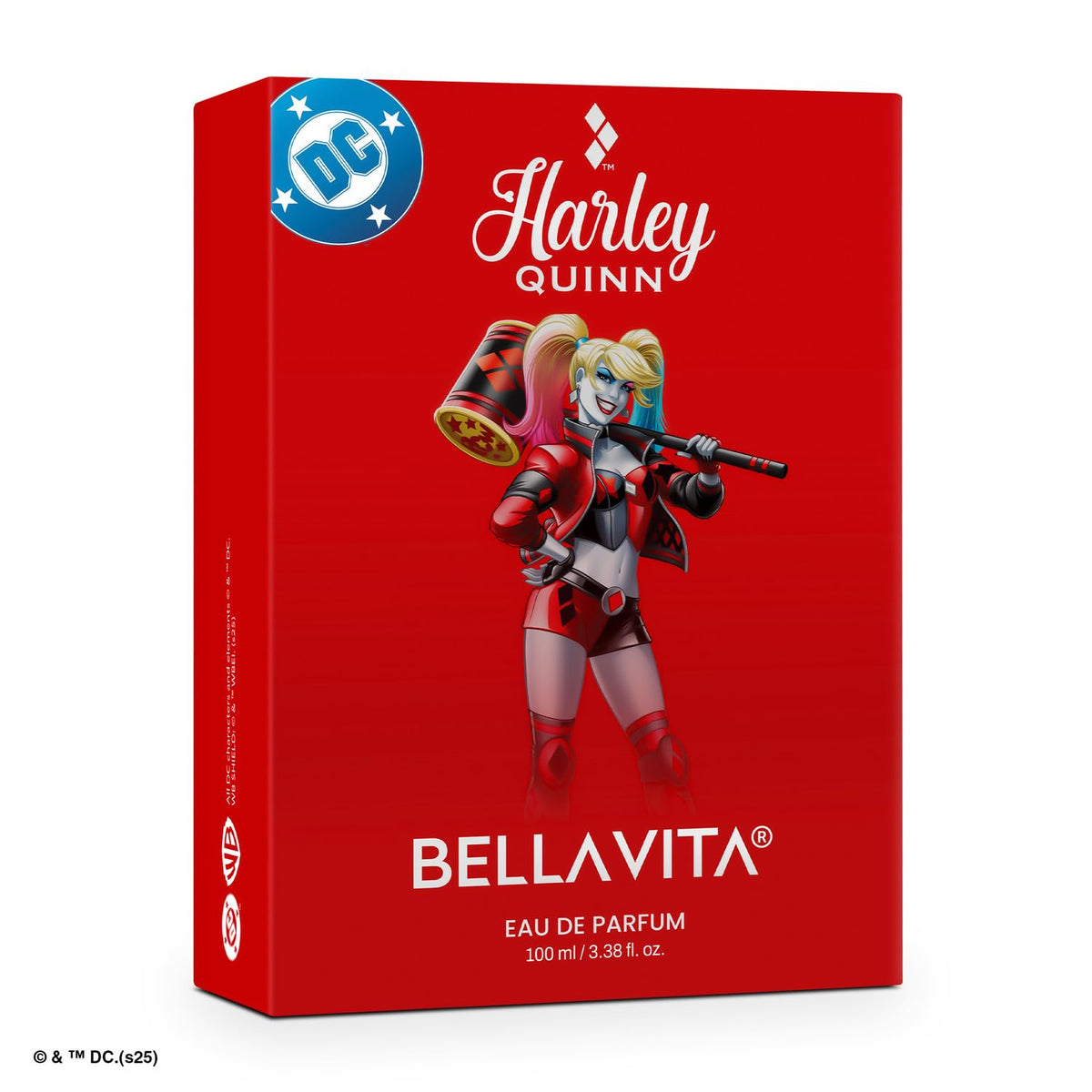Harley Quinn themed Bellavita eau de parfum packaging on a red background