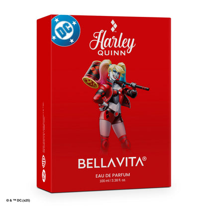 Harley Quinn themed Bellavita eau de parfum packaging on a red background