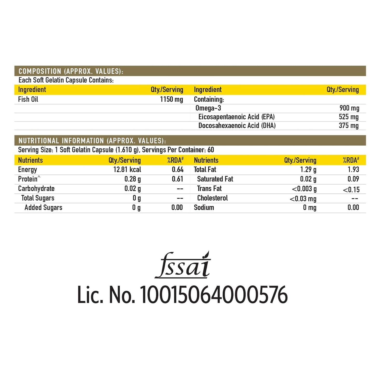 Nutritional label for a fish oil supplement with ingredient and nutritional information.