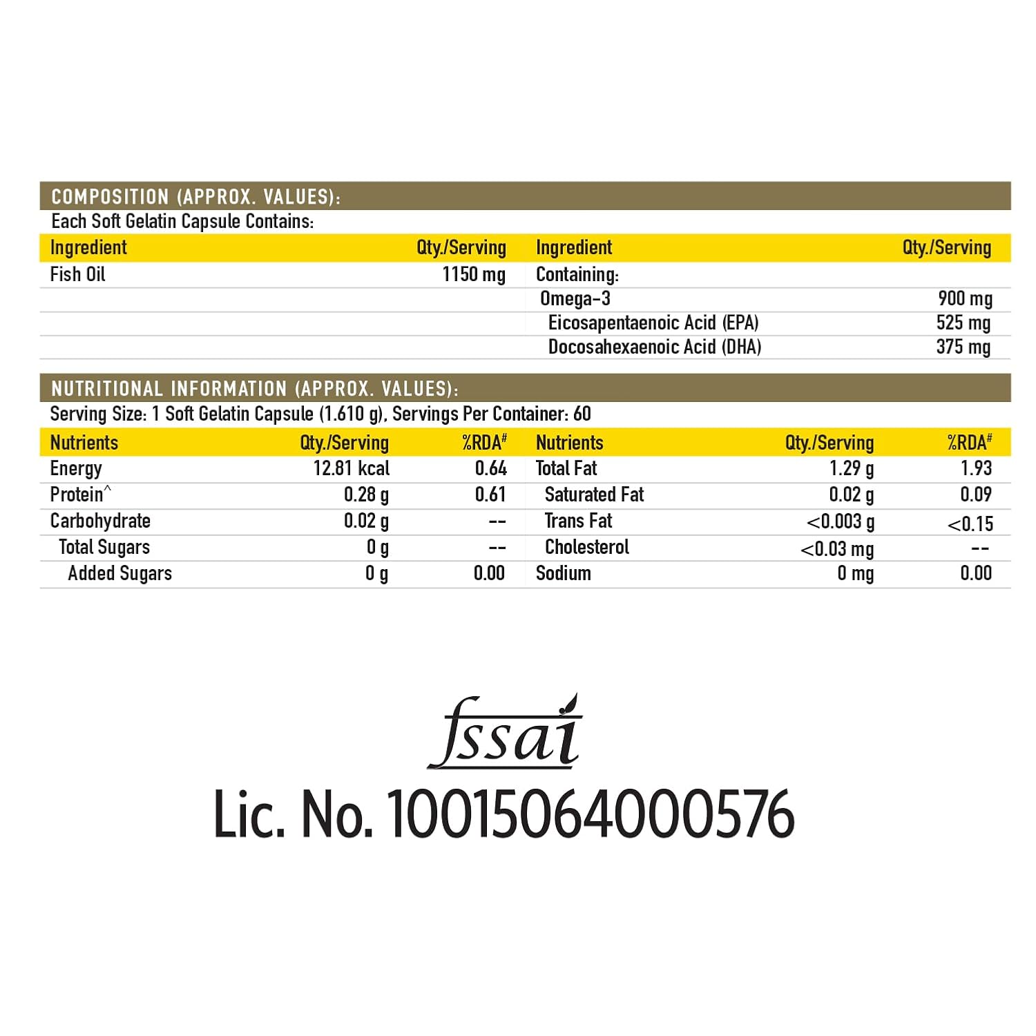 Nutritional label for a fish oil supplement with ingredient and nutritional information.