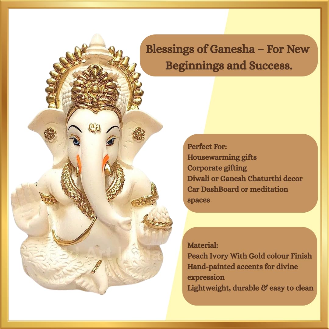 Gold Art India Peach Terracotta Colour Golden Paint Work Vinayaka Idol Car Dashboard Idol Ganesha Murti Ganpati Idol for Home Decor Puja Lord Ganesh Statue Gift for Office Desk Puja Room Figurine