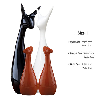 Home Decor Lucky Deer Family Statue Piano Finish Ceramic Figures - (Set of 4, Brown, Black, White)