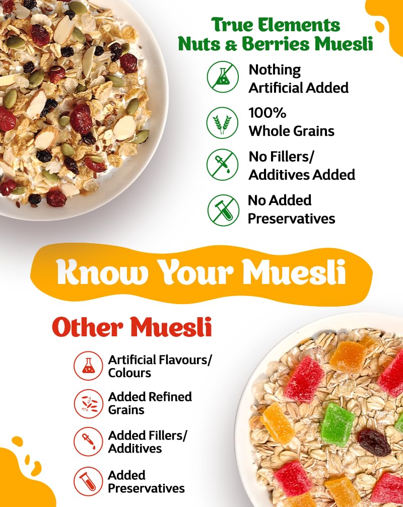 True Elements Crunchy Nuts & Berries Muesli 1kg - With 13g Clean Protein | Almonds, Seeds & Real Cranberries | With Jowar Millets | Crunchy Wholegrain Muesli | No Added Refined Sugar
