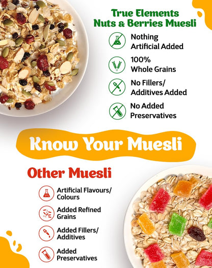 True Elements Crunchy Nuts & Berries Muesli 1kg - With 13g Clean Protein | Almonds, Seeds & Real Cranberries | With Jowar Millets | Crunchy Wholegrain Muesli | No Added Refined Sugar