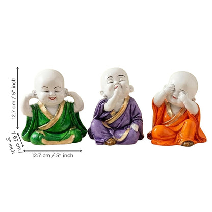 eCraftIndia Resin Green, Purple & Orange Think No Evil Speak No Evil Hear No Evil Set of 3 Cute Little Monk Buddha Statues Decorative Showpieces for Car Dashboard Home Office Desk Decor Gift Purpose