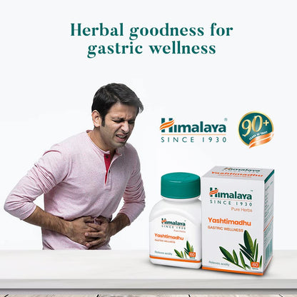 Himalaya Ayurvedic products for gastric wellness with a man experiencing discomfort.