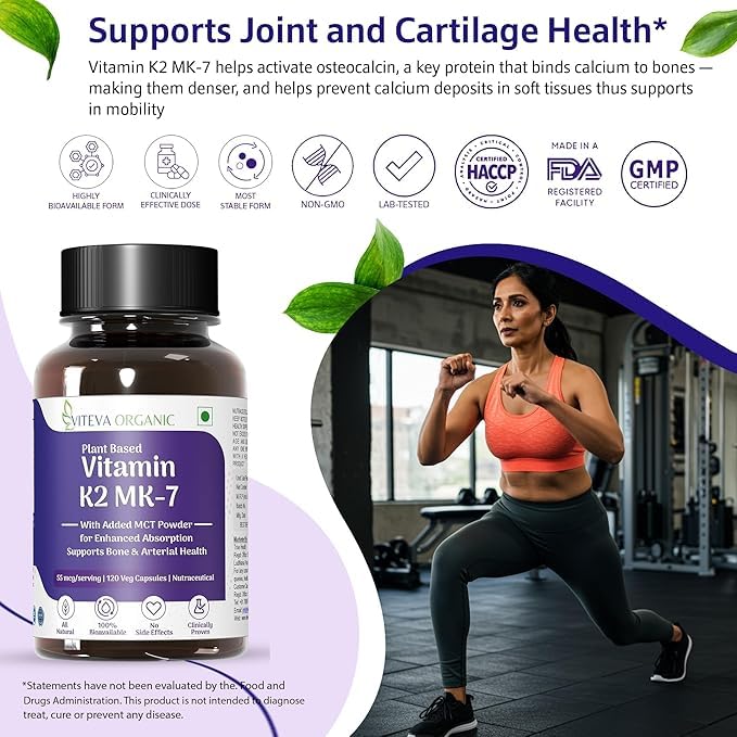 Vitamin K2 MK7 (Menaquinone-7) 55mcg 120 Veg Capsules Plant Based Vitamin K2 Supplement with MCT Powder for higher absorption - K2 MK7 Supports Strong Bones & Heart Health for Men & Women