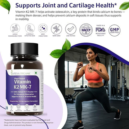 Vitamin K2 MK7 (Menaquinone-7) 55mcg 120 Veg Capsules Plant Based Vitamin K2 Supplement with MCT Powder for higher absorption - K2 MK7 Supports Strong Bones & Heart Health for Men & Women