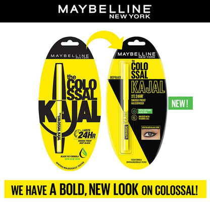 Maybelline New York Intense Colour Colossal Kajal, Black, Matte Finish, Stay Up To 24 Hours, Water-proof, Smudge Resistant, Infused With Aloe Vera & Vitamin C and Vitamin E | 0.35g