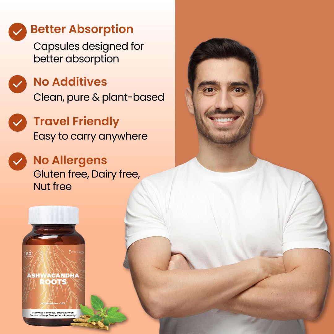 ZEROHARM Nano Ashwagandha Root Capsules with 10% Withanolides | Pure Root Extract | Supports Stress Relief, Deep Sleep & Natural Focus, Strength, Clarity | Adaptogenic for Men & Women | 60 Capsules
