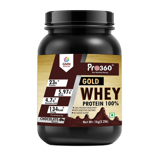 Pro360 Gold Whey Protein Powder - Chocolate | 100% Whey with Digestive Enzymes | 23g Protein, 5.97g BCAA, 4.7g Glutamic Acid per Serving | No Added Sugar | 1kg Pack