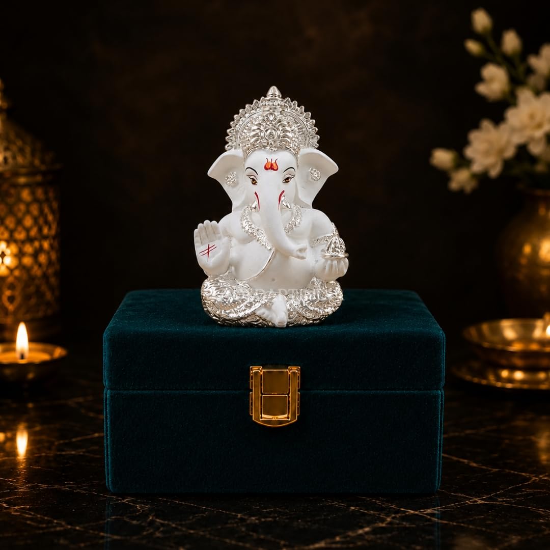Gold Art India Ganesha Idol 999 Silver Plated White Finish Lord Ganesh Murti for Home Decor, Car Dashboard, Mandir & Office | Premium Ganesh Statue for Diwali, Wedding & Spiritual Gift | 3.5 Inch