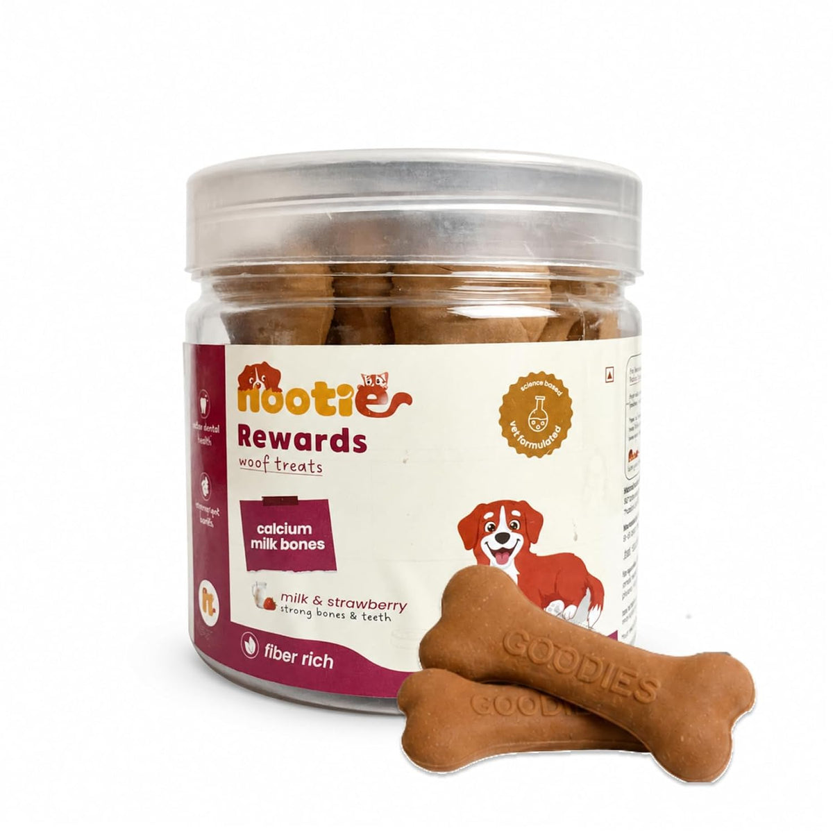 Nootie Calcium Bone Dog Treats 220g | Seaweed & Goat Milk | Dental Health, Clean Teeth & Strong Gums | Milk & Strawberry | All Breeds & Puppies Above 4 Months
